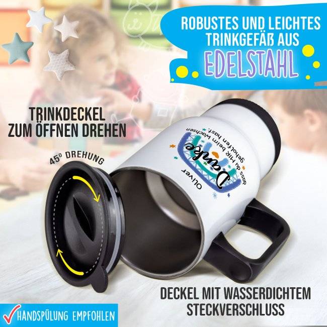Tassendruck Thermobecher für Erzieher - Danke, geholfen hast - Regenbogen Blau - mit Name personalisierbar - Weiß Günstiger Verkauf