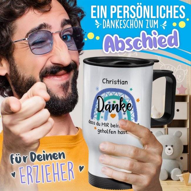Tassendruck Thermobecher für Erzieher - Danke, geholfen hast - Regenbogen Blau - mit Name personalisierbar - Weiß Günstiger Verkauf