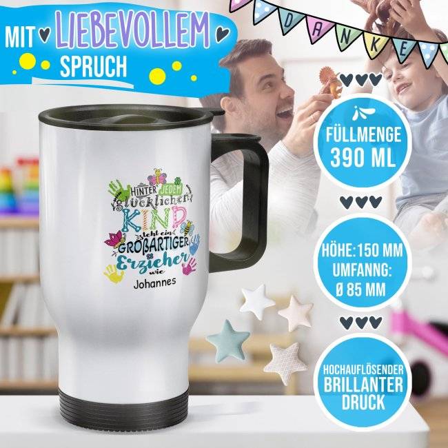 Tassendruck Thermobecher für Erzieher - Hinter jedem Kind - bunt - mit Name personalisierbar - Weiß Fabrikverkauf