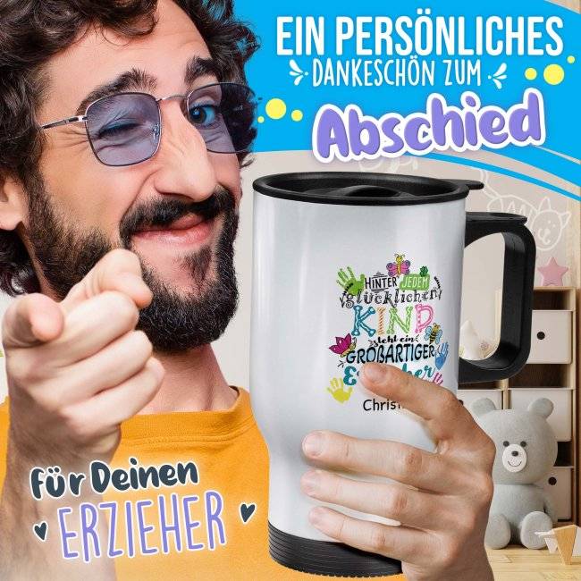 Tassendruck Thermobecher für Erzieher - Hinter jedem Kind - bunt - mit Name personalisierbar - Weiß Fabrikverkauf