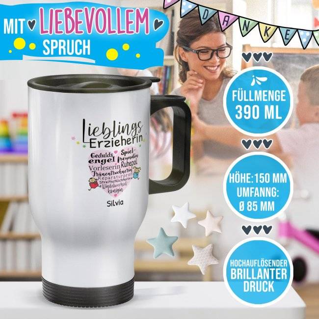 Tassendruck Thermobecher für Erzieherin - Lieblingserzieherin - mit Name personalisierbar - Weiß Meist gekauft