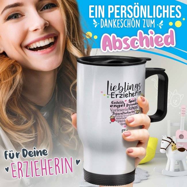 Tassendruck Thermobecher für Erzieherin - Lieblingserzieherin - mit Name personalisierbar - Weiß Meist gekauft