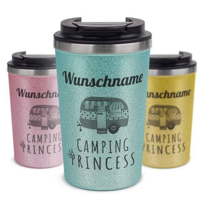 Tassendruck To Go Edelstahlbecher Glitzer - Camping Princess - mit Name Kostenloser Versand