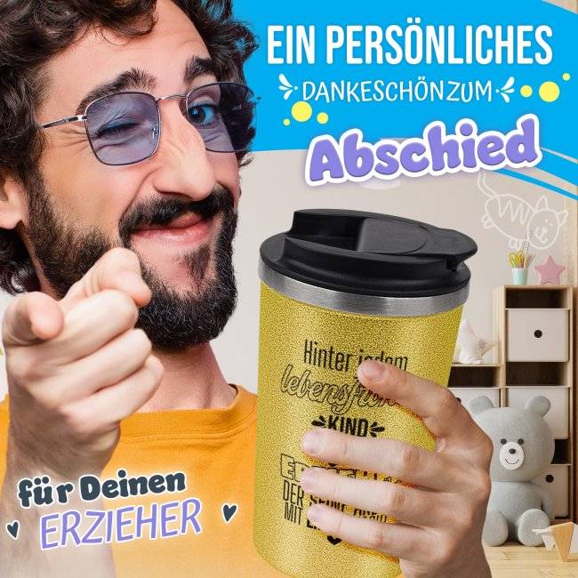 Tassendruck To Go Edelstahlbecher Glitzer - Hinter jedem Kind steht ein Erzieher Rabatt