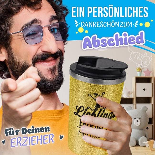 Tassendruck To Go Edelstahlbecher Glitzer - Lieblings-Erzieher - mit Name Versandkostenfrei