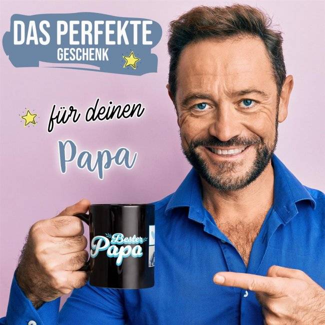 Tassendruck Schwarze - Bester Papa - mit drei Fotos gestalten Weihnachtsangebot