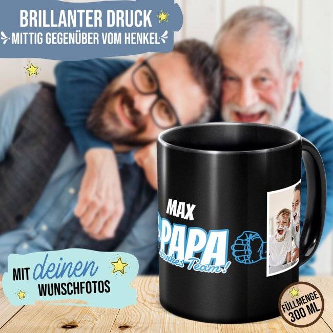 Tassendruck Schwarze für Papa - Starkes Team - mit Name und Fotos gestalten Osterangebot