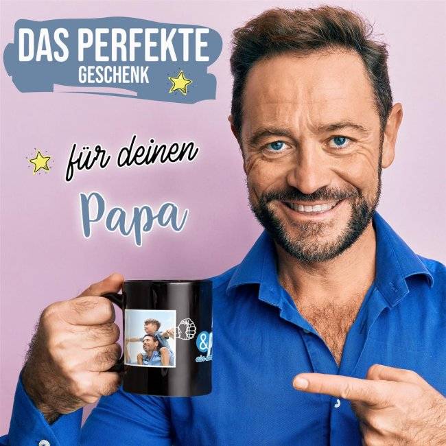 Tassendruck Schwarze für Papa - Starkes Team - mit Name und Fotos gestalten Osterangebot