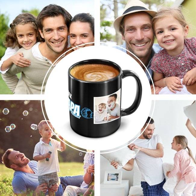 Tassendruck Schwarze für Papa - Starkes Team - mit Name und Fotos gestalten Osterangebot
