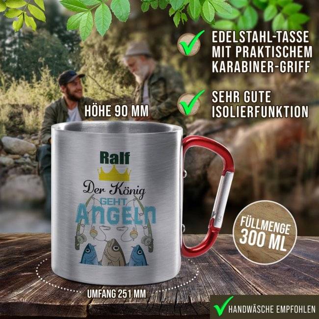 Tassendruck Karabiner - Der König geht angeln - mit Name personalisierbar Vatertagsangebot