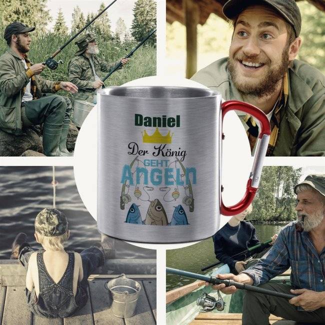 Tassendruck Karabiner - Der König geht angeln - mit Name personalisierbar Vatertagsangebot