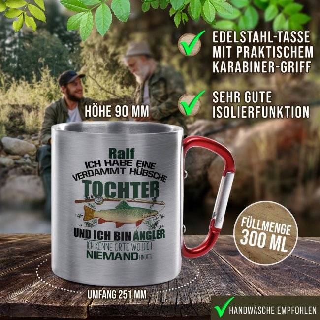 Tassendruck Karabiner - Angler mit hübscher Tochter - mit Name personalisierbar Valentinstagsangebot