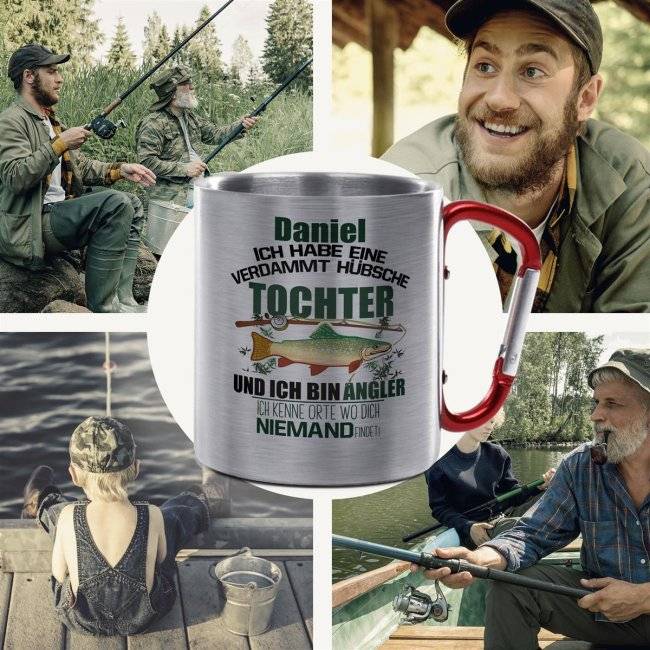 Tassendruck Karabiner - Angler mit hübscher Tochter - mit Name personalisierbar Valentinstagsangebot