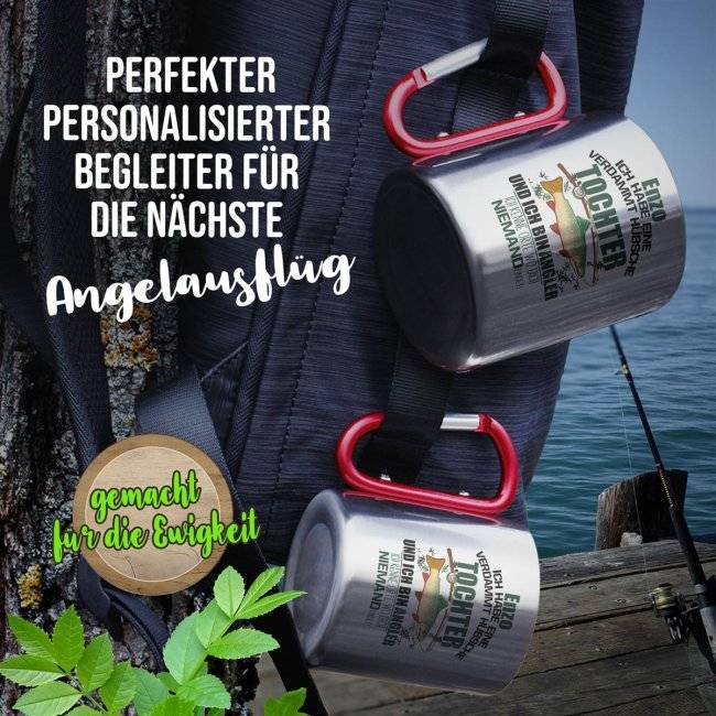 Tassendruck Karabiner - Angler mit hübscher Tochter - mit Name personalisierbar Valentinstagsangebot