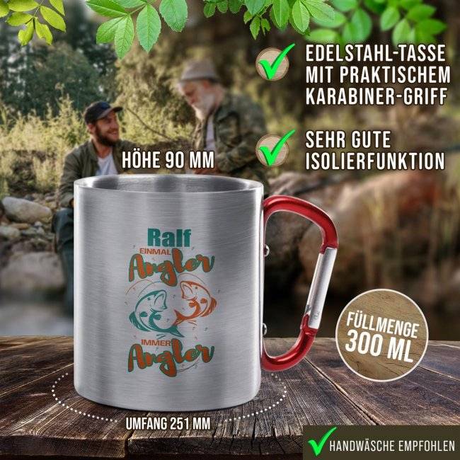 Tassendruck Karabiner - Einmal Angler, immer Angler - mit Name personalisierbar Jubiläumsangebot