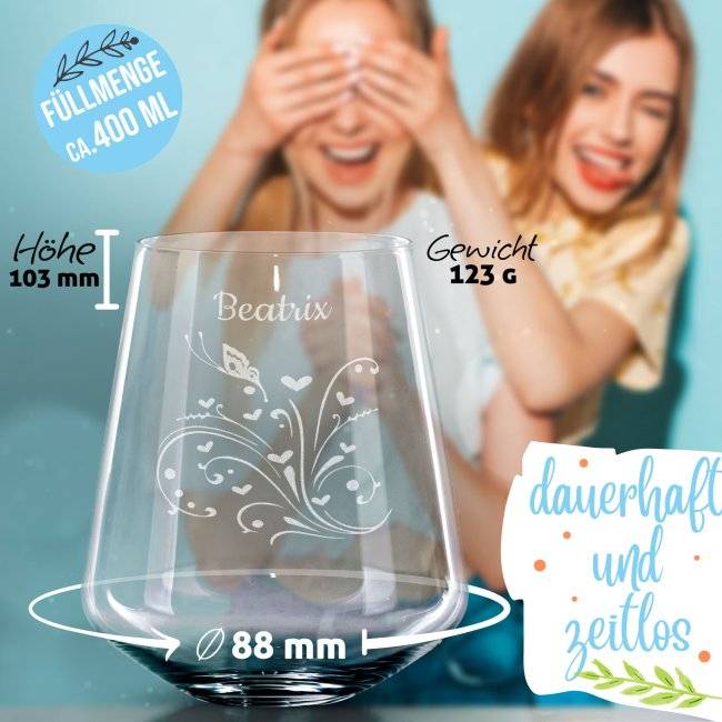 Tassendruck Trinkglas mit Gravur - Schmetterling - mit Name personalisierbar Lagerräumung