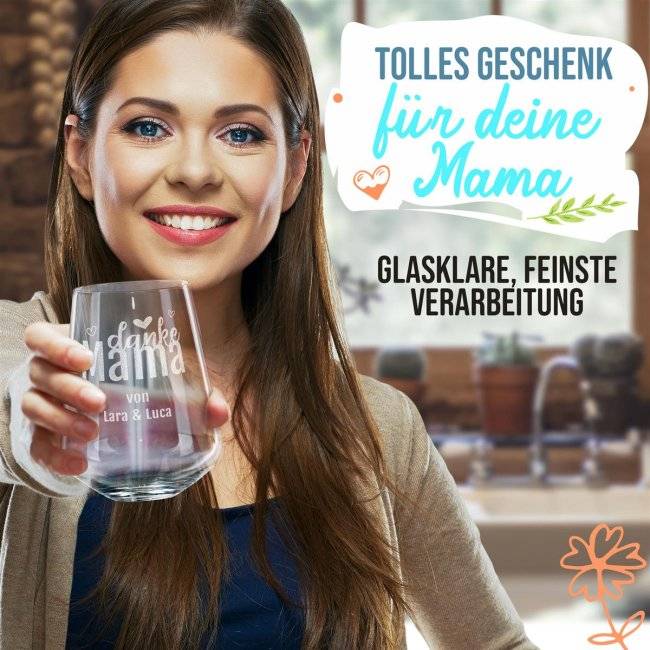 Tassendruck Trinkglas mit Gravur für Mama mit Spruch - Danke Mama - mit Name personalisierbar Top Angebot