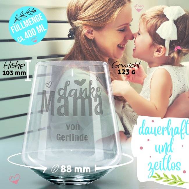 Tassendruck Trinkglas mit Gravur für Mama mit Spruch - Danke Mama - mit Name personalisierbar Top Angebot
