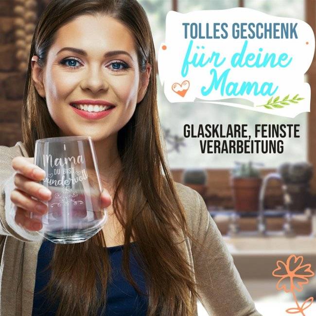 Tassendruck Trinkglas mit Gravur für Mama mit Spruch - Mama, Du bist wundervoll Neueste Mode