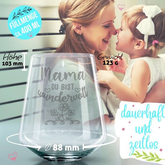Tassendruck Trinkglas mit Gravur für Mama mit Spruch - Mama, Du bist wundervoll Neueste Mode