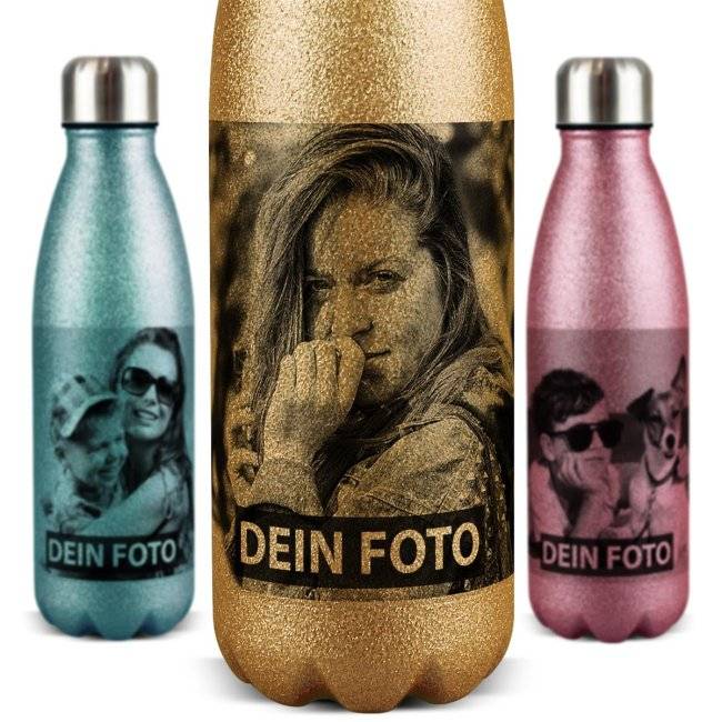 Tassendruck Edelstahl-Trinkflasche mit Glitzer Effekt - 4 Farben - 500 ml