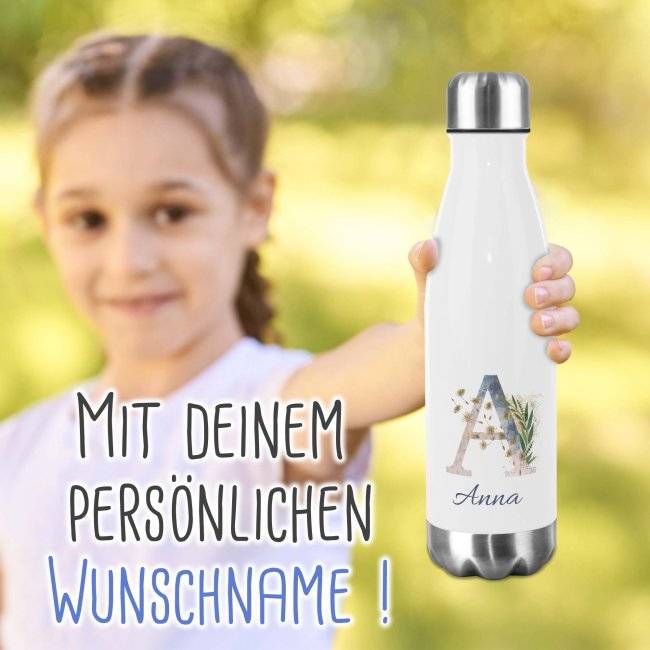 Tassendruck Buchstaben-Trinkflasche aus Edelstahl - mit Blumenmotiv Räumungsverkauf