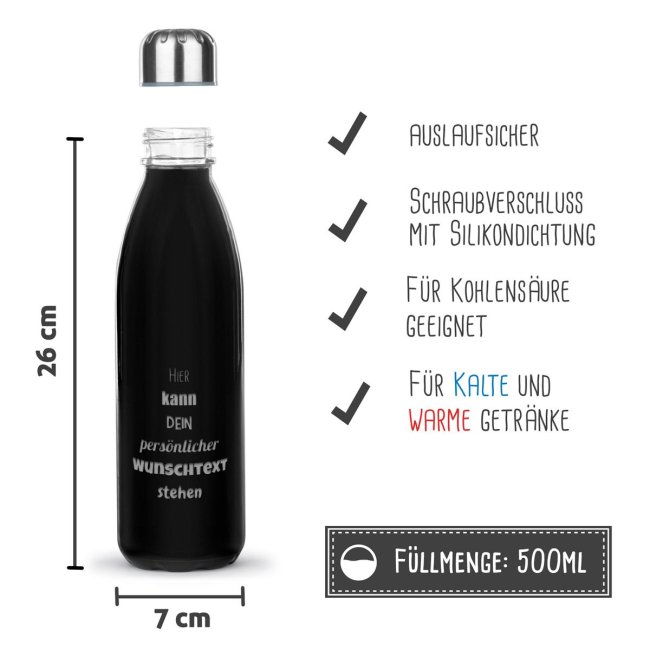 Tassendruck Schwarze Trinkflasche aus Glas mit Text gravieren - 650 ml Tägliche Deals