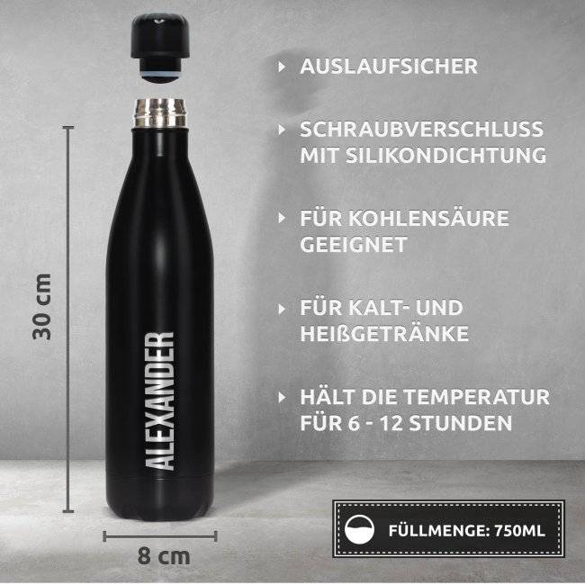 Tassendruck Edelstahl-Trinkflasche mit Namensgravur - schwarz matt - 750 ml Sonderangebote