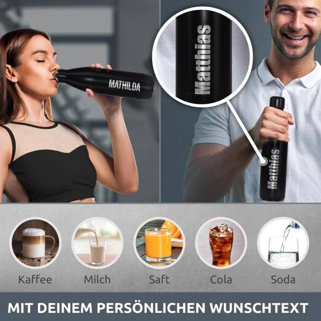 Tassendruck Edelstahl-Trinkflasche mit Namensgravur - schwarz matt - 750 ml Sonderangebote