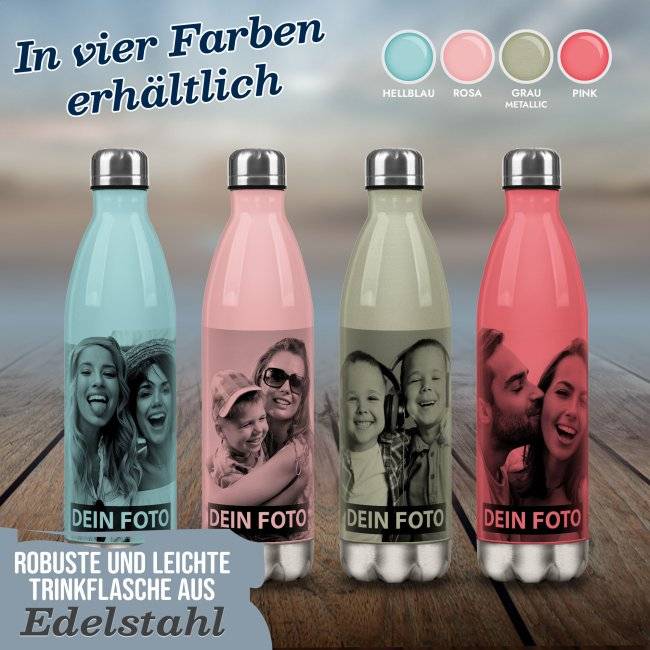 Tassendruck Farbige Edelstahl-Trinkflasche mit Foto und Text personalisieren - 4 Farben - 500 ml Riesige Ersparnisse