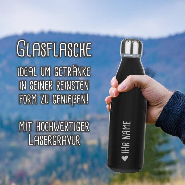 Tassendruck Glas-Trinkflasche schwarz mit Name & Symbol gravieren - 650 ml VIP-Rabatte