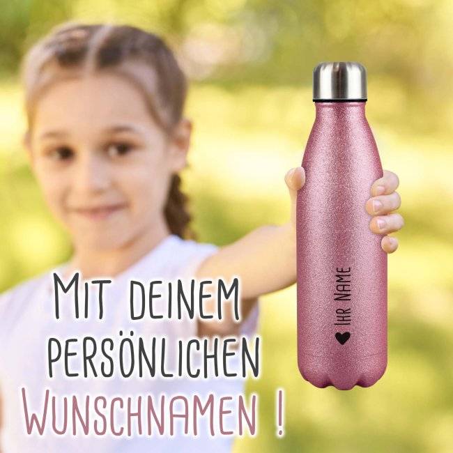 Tassendruck Trinkflasche aus Edelstahl mit Glitzer - mit Name und Symbol Tiefpreis