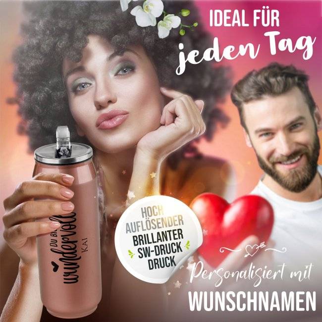 Tassendruck Trinkflasche aus Edelstahl - Du bist wundervoll - mit Name - verschiedene Farben, 420 ml Kostenlose Rückgabe