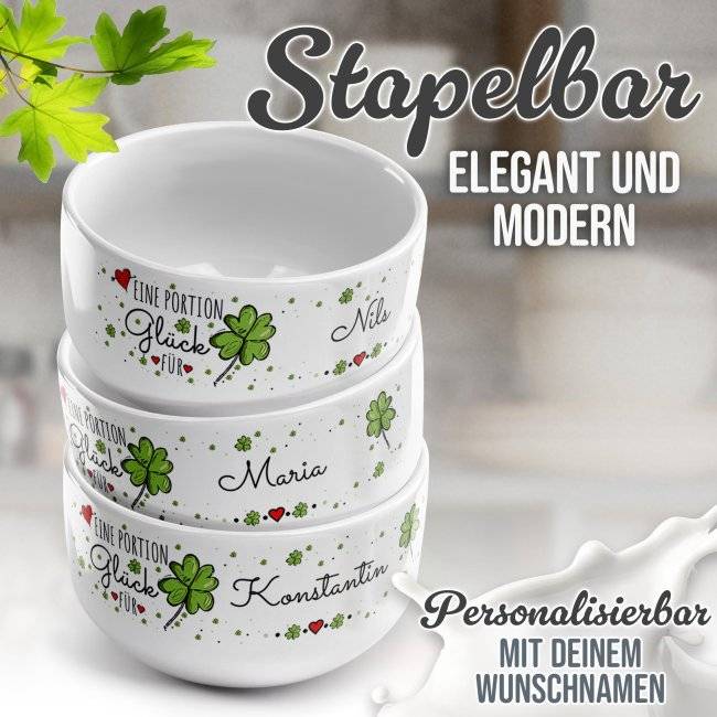 Tassendruck Müslischüssel - Eine Portion Glück - mit Name - 500 ml Neueste Stile