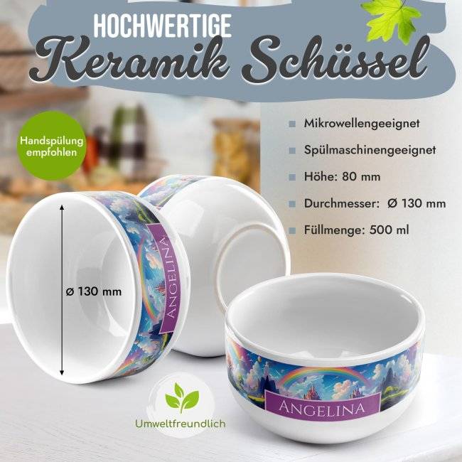 Tassendruck Kinder-Müslischüssel - Regenbogen - Schloss - mit Name - 500 ml 50% Rabatt mit kostenlosem Versand
