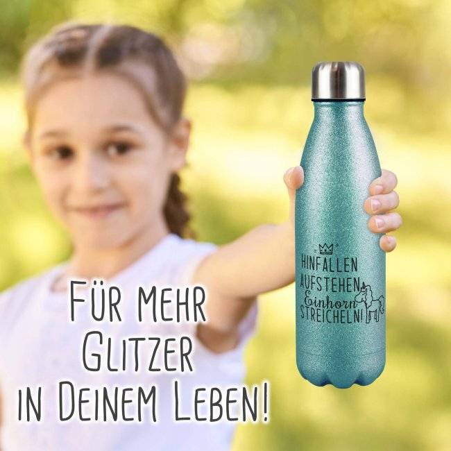 Tassendruck Glitzer-Trinkflasche mit Spruch - Hinfallen aufstehen Einhorn streicheln Blitzverkäufe