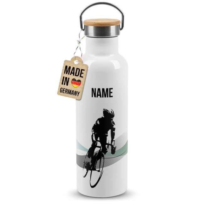 Tassendruck Trinkflasche mit Bambusdeckel - Fahrrad Silhouette Mann - mit Name - Weiß