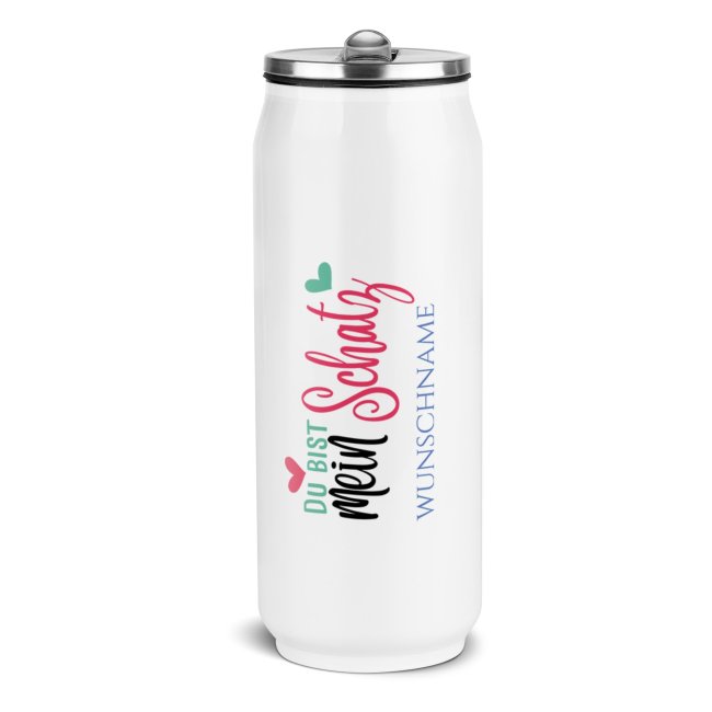 Tassendruck Personalisierte Trinkflasche mit Name - Mein Schatz - Edelstahl Cola-Dose Weiß, 420 ml