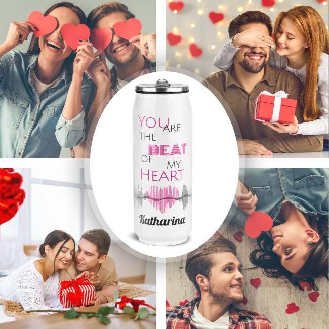 Tassendruck Trinkflasche aus Edelstahl - Heartbeat - mit Name - Cola-Dose Weiß, 420 ml Lagerräumung
