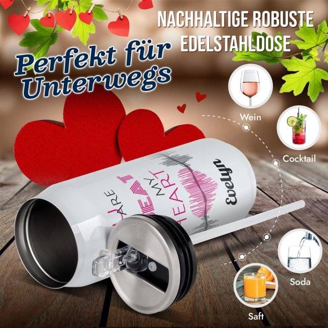 Tassendruck Trinkflasche aus Edelstahl - Heartbeat - mit Name - Cola-Dose Weiß, 420 ml Lagerräumung