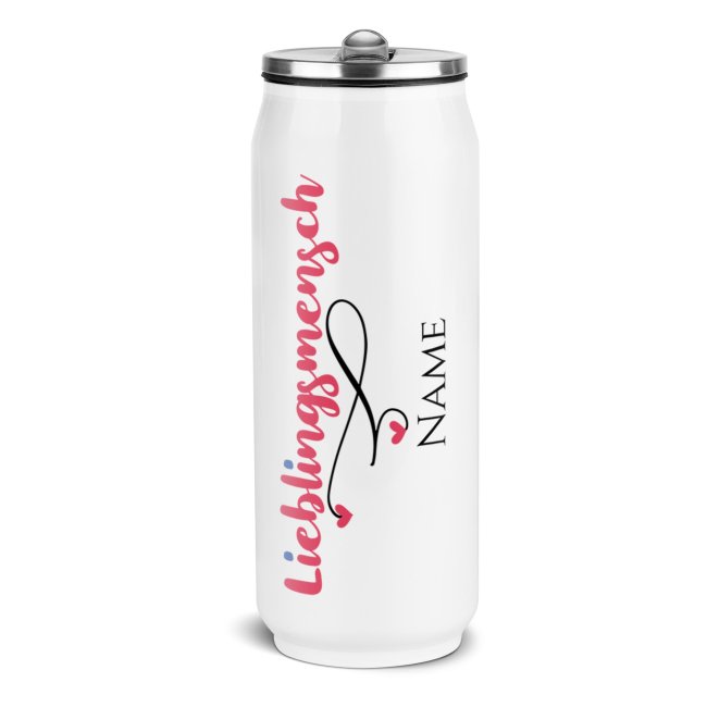 Tassendruck Trinkflasche aus Edelstahl mit Name - Lieblingsmensch - Cola-Dose Weiß, 420 ml
