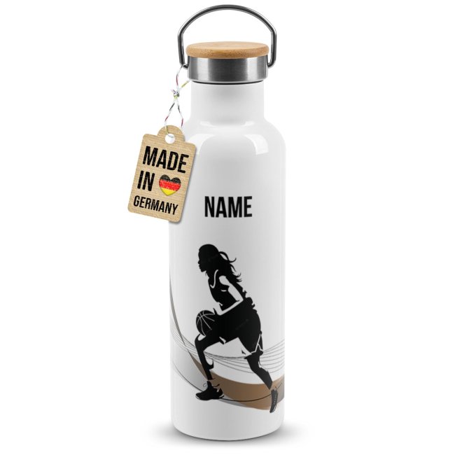 Tassendruck Trinkflasche mit Bambusdeckel - Basketball Silhouette Frau - mit Name - Weiß Neuheiten