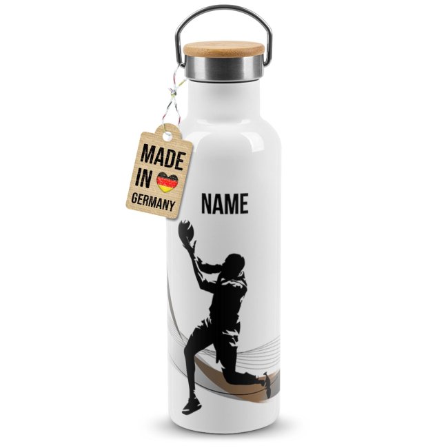 Tassendruck Trinkflasche mit Bambusdeckel - Basketball Silhouette Mann - mit Name - Weiß Bestseller