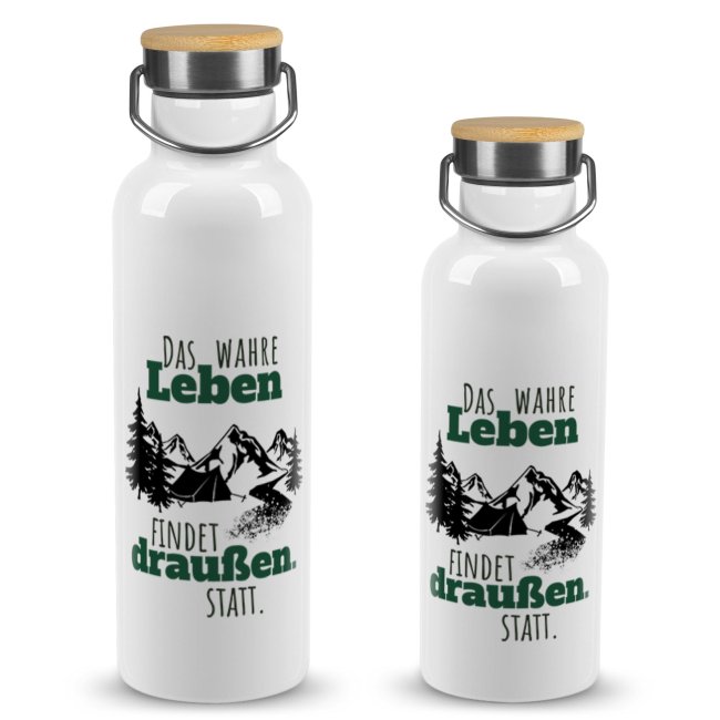 Tassendruck Trinkflasche mit Bambusdeckel - Das wahre Leben - Weiß