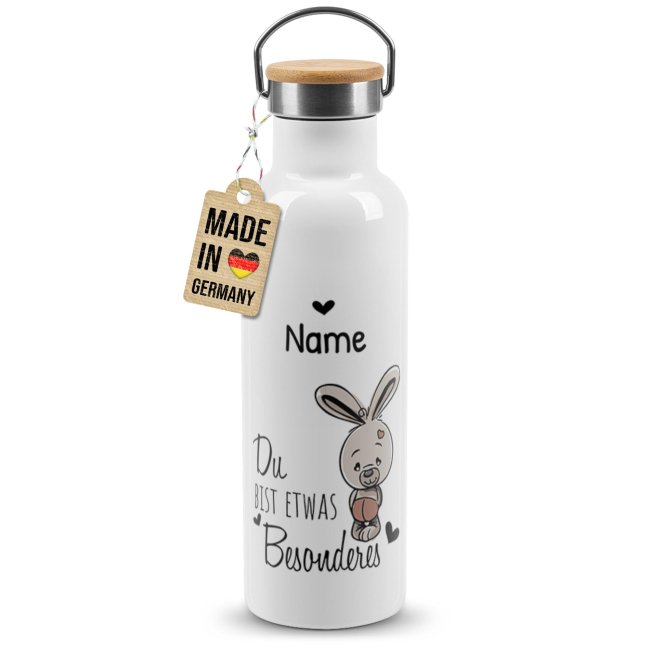 Tassendruck Trinkflasche mit Bambusdeckel - Du bist etwas Besonderes - mit Name - Weiß