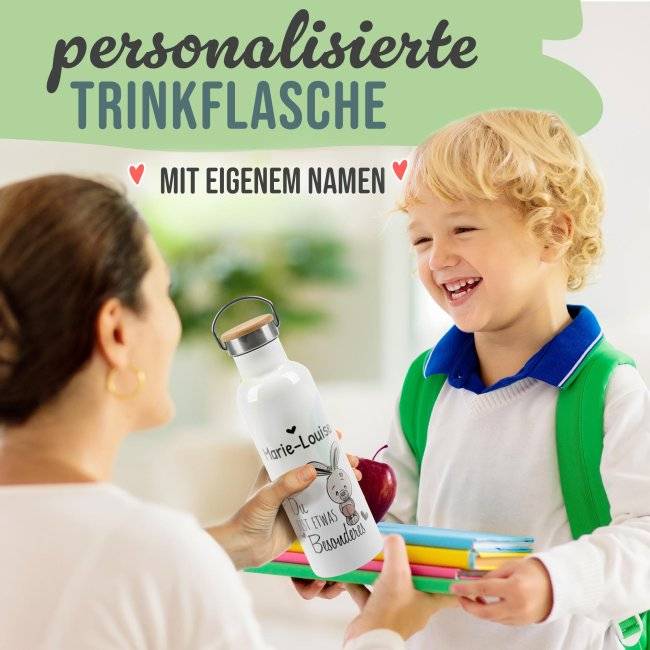 Tassendruck Trinkflasche mit Bambusdeckel - Du bist etwas Besonderes - mit Name - Weiß Kostenlose Rückgabe