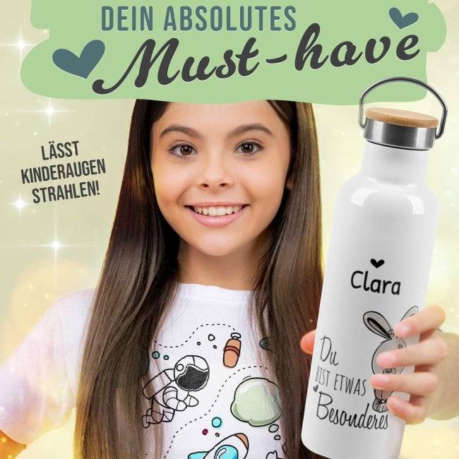 Tassendruck Trinkflasche mit Bambusdeckel - Du bist etwas Besonderes - mit Name - Weiß Kostenlose Rückgabe