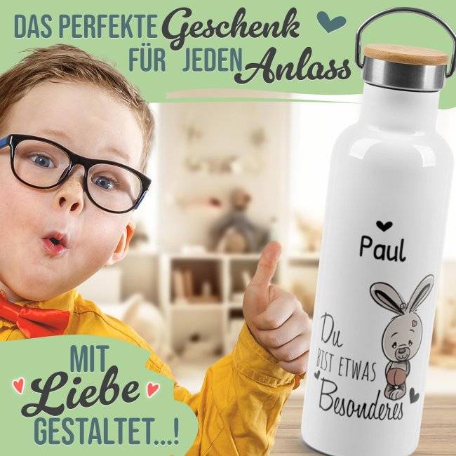 Tassendruck Trinkflasche mit Bambusdeckel - Du bist etwas Besonderes - mit Name - Weiß Kostenlose Rückgabe