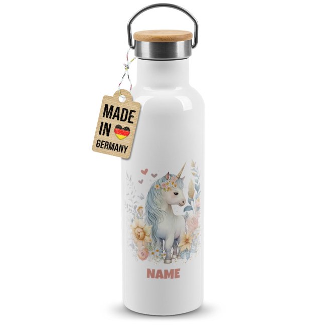 Tassendruck Trinkflasche mit Bambusdeckel - Einhorn - mit Name - Weiß