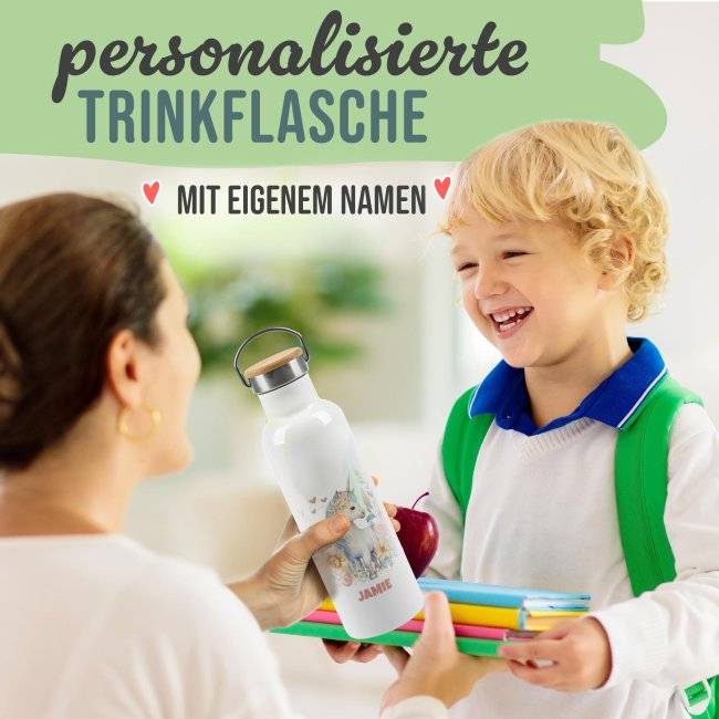 Tassendruck Trinkflasche mit Bambusdeckel - Einhorn - mit Name - Weiß Begrenzte Freigabe